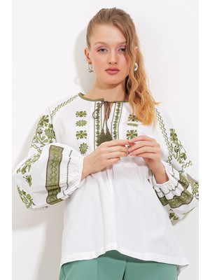 Bigdart Kadın Haki Ekru Nakışlı Keten Bluz 902