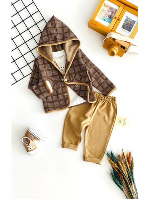 Derin Bebe Neşeli Bebekler Kapüşonlu Önden Cepli Çıtçıtlı Hırkalı Iki Ip Kumaş Üçlü Takım Kahverengi