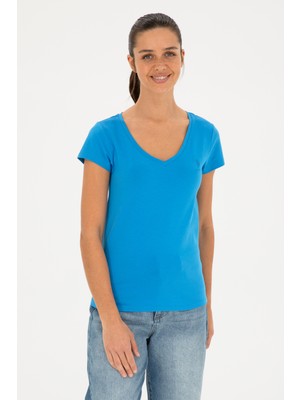 U.S. Polo Assn. Kadın Saks V Yaka Basic Tişört 50280068-VR045