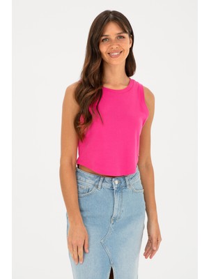 U.S. Polo Assn. Kadın Fuşya Bisiklet Yaka Crop Basic Tişört 50288570-VR023