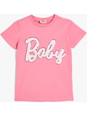 Koton Tişört  Pullu Payetli Bisiklet Yaka Pamuklu