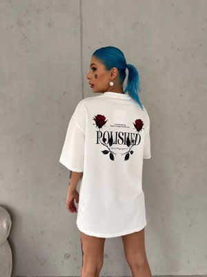 Babua Unisex Bisiklet Yaka Baskılı Oversize T-Shirt - Beyaz