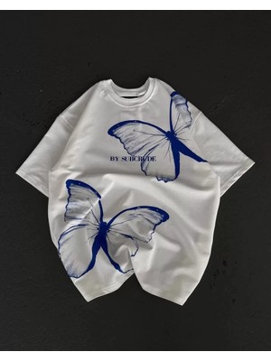 Tarz Yeri Unisex Bisiklet Yaka Baskılı Oversize T-Shirt - Beyaz