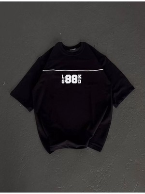 Tarz Yeri Unisex Bisiklet Yaka Baskılı Oversize T-Shirt - Siyah