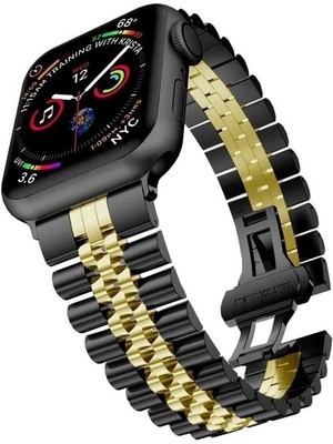 Megafox Teknoloji Apple Watch 2/3/Ultra Uyumlu Kordon Paslanmaz Metal Rolex Kayış, Siyah-Go