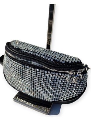 Oueen Elizabeth Siyah-Silver Abiye Taşlı Çapraz (Crossbody) Kadın Çantası