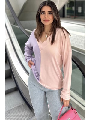 New Laviva Kadın Lila & Pudra Blok Renkli, V Yaka, Uzun Kollu, Pamuklu Salaş Bluz
