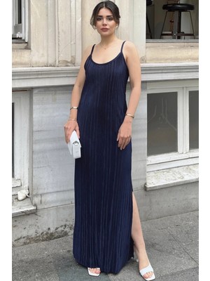 New Laviva Kadın Laci Ince Askılı V Yaka Yırtmaç Detaylı Uzun Pliseli Elbise