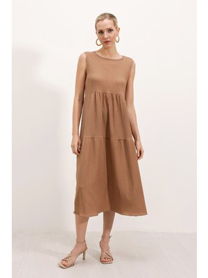 Bigdart 2448 Sıfır Kol Uzun Örme Elbise - Bisküvi