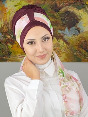 Butik Ambar Tek Biritli Floral Desenli Fularlı Bone - Vişne - Butik Ambar
