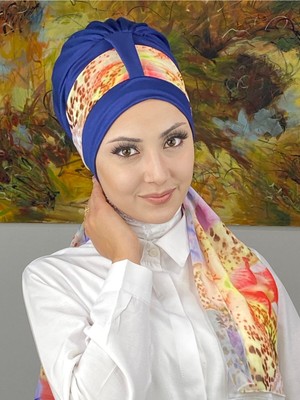 Butik Ambar Tek Biritli Floral Desenli Fularlı Bone - Saks Mavisi - Butik Ambar