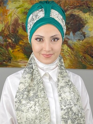 Butik Ambar Tek Biritli Floral Desenli Fularlı Bone - Zümrüt Yeşili - Butik Ambar