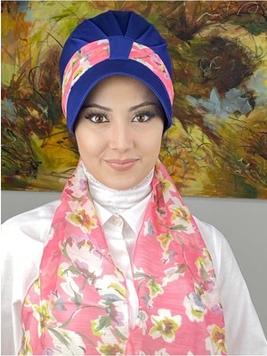 Butik Ambar Floral Desenli Tek Biritli Fularlı Şapka - Koyu Saks - Butik Ambar