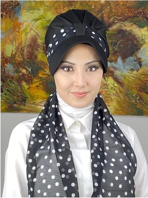 Butik Ambar Floral Desenli Tek Biritli Fularlı Şapka - Siyah - Butik Ambar