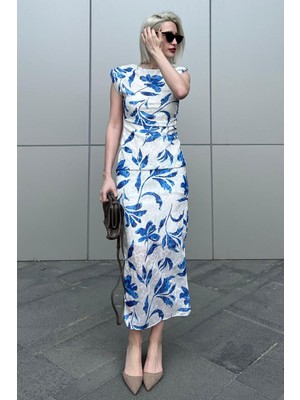 Madmext Mavi Bisiklet Yaka Desenli Elbise MG2054