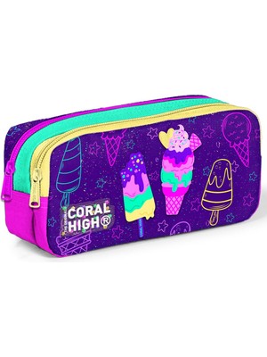 Coral High Kids Mor Pembe Dondurma Desenli Iki Bölmeli Kalem Çantası