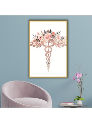 Gaagart Metal Çerçeveli Cam Poliklinik Tablosu Asklepios'un Asası Çiçekli Tıp Sembolü