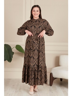 Kadin Hakim Yaka Buyuk Beden Elbise Tesettur Viskon Kumas Pileli Ve Piliseli Elbise