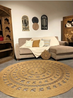 ERSU AHAT HOME DESİGN Salyangoz Doğal Hasır Halı Koyu Bambu Yuvarlak Örme Model Kilim