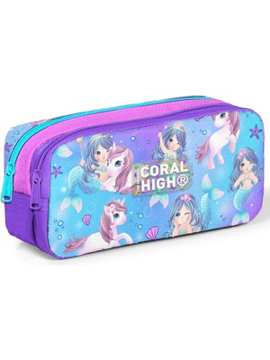 Coral High Kids Mor Pembe Unicorn Deniz Kızı Desenli Iki Bölmeli Kalem Çantası 12090