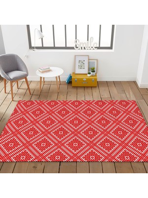 Nesa Decor Etnik Desenli Modern Oturma Odası Halısı Kırmızı Dijital Baskı Kaymaz Taban Kilim Görünümlü Halı