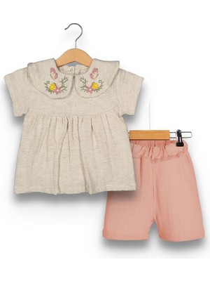 Beyaz Bebek 2213BB Kız Bebek Yaka Nakış Detaylı Somon Ikili Şortlu Takım