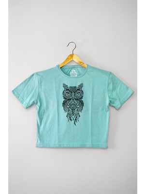 Kendim Seçtim Mint Yeşil Renk Crop T-Shirt Owl Baykuş Design Baskılı Kadın Baby Tee