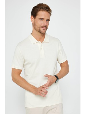 Tudors Erkek Slim Fit Dar Kesim  Pamuk Düz Pike Ekru Polo Yaka Tişört