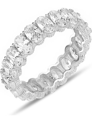 Söğütlü Silver Oval Baget Kesim Zirkon Taşlı 925 Ayar Gümüş Rodyumlu Tamtur Yüzük SGTL12218RODAJ