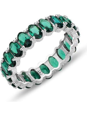 Söğütlü Silver Gümüş Rodyumlu Oval Baget Kesim Zümrüt Taşlı Tamtur Yüzük SGTL12400YESIL