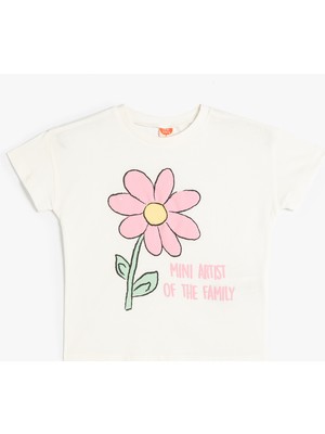 Koton Tişört Çiçek Baskılı Kısa Kollu Bisiklet Yaka Pamuklu