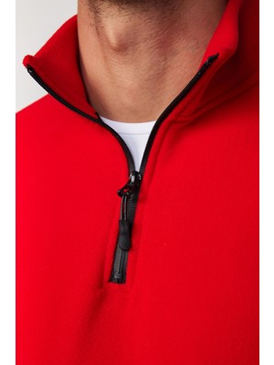 Erkek Standart Fit Rahat Kesim Tüylenme Yapmayan Soğuk Geçirmez Kırmızı Dik Yaka Polar Sweatshirt