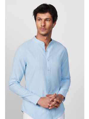 Tudors Erkek Slim Fit Dar Kesim Uzun Kollu %100 Pamuk Keten Doku Hakim Yaka Mavi Gömlek