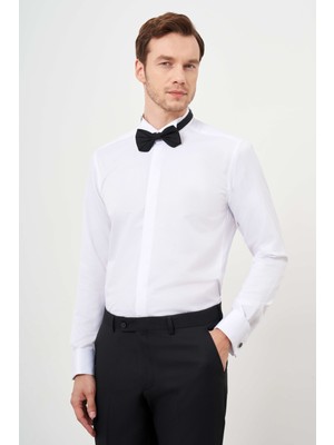 Morven  Erkek Beyaz Manşetli Jakar Desen Ata Yaka Slim Fit Gömlek