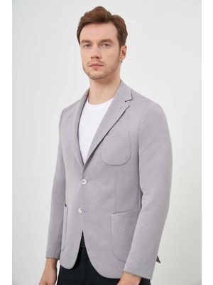Morven  Erkek Gri Örme Slim Fit Torba Cep Mono Yaka Spor Ceket