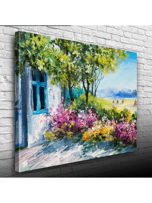 Renkli Çiçekler ve Bahar Manzarası Yağlıboya Kanvas Tablo 50 x 70