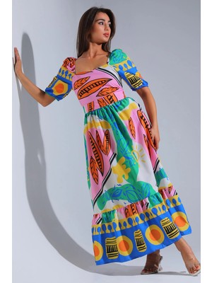 Julude Renkli Kadın Kare Yaka Poplin Yazlık Uzun Elbise P-00004165