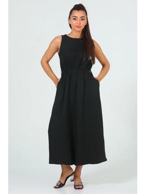 Julude Siyah Kadın Bisiklet Yaka Cep Detaylı Bel Kuşaklı Uzun Elbise P-00004939