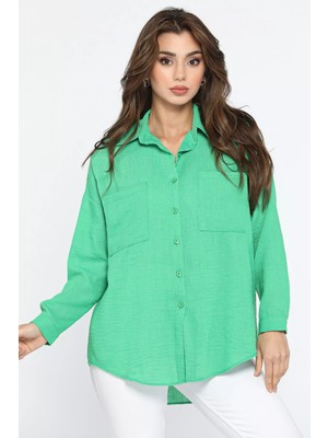 Julude Yeşil Çift Cepli Kadın Yazlık Salaş Gömlek P-00010318