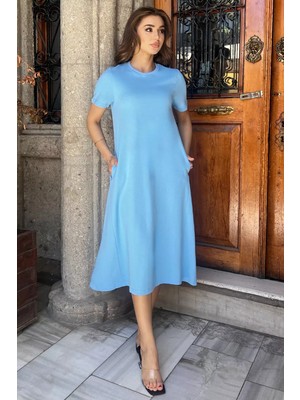 Julude Açıkmavi Bisiklet Yaka Cep Detaylı Kısa Kol Elbise P-00009454