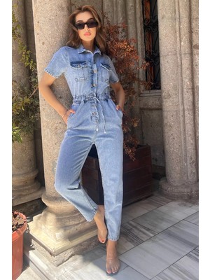 Julude Mavi Polo Yaka Çift Cepli Kadın Jean Kot Tulum Salopet P-00010792