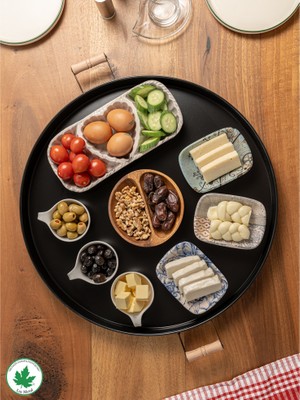 Lin Metal Ahşap Kulplu Yuvarlak Metal Servis Tepsisi 51 Cm, Kahve Tepsisi, Sunum Tepsisi