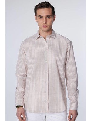 Klasik Fit Uzun Kollu Çizgili Kol Katlamalı Yazlık Keten Doku Erkek Gömlek