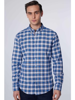 Slim Fit Uzun Kollu Düğmeli Yaka Kareli Pamuklu Kolay Ütü Erkek Gömlek