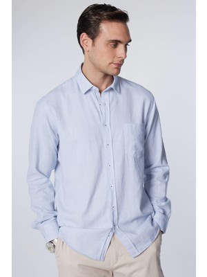 Klasik Fit Uzun Kollu Keten Düz Mavi Erkek Gömlek