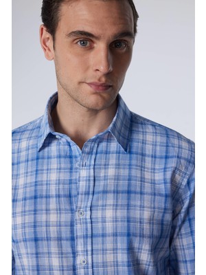 Slim Fit Uzun Kollu Dar Kesim Kareli Keten Doku Yazlık Erkek Gömlek