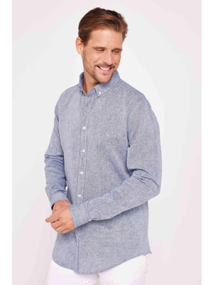 Slim Fit Uzun Kollu Dar Kesim Keten Doku Premium Seri Düğmeli Yaka Düz Lacivert Erkek Gömlek