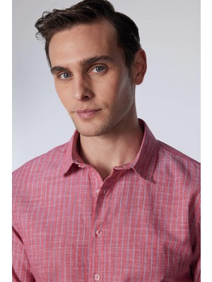 Slim Fit Uzun Kollu Dar Kesim Çizgili Yazlık Keten Doku Erkek Gömlek