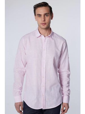 Slim Fit Uzun Kollu Dar Kesim Çizgili Yazlık Keten Doku Erkek Gömlek
