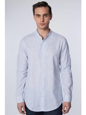 Slim Fit Uzun Kollu Dar Kalıp Hakim Yaka Çizgili Yazlık Keten Doku Erkek Gömlek